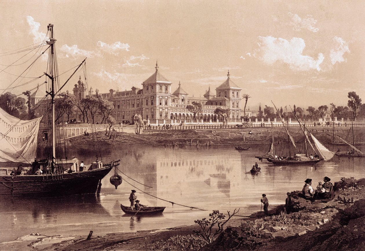 Sevilla, San Telmo Palace på stranden av floden Guadalquivir. Andalusien, Spanien (1800-talet). Madrid, Nationalbiblioteket. av Spanish School