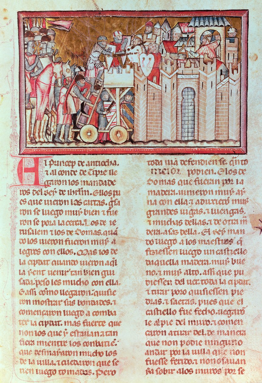 Belägring och överfall av staden Belina, försvarad av kung Aynart, från manuskriptet "Gran conquista de ultramar" (vellum) av Spanish School