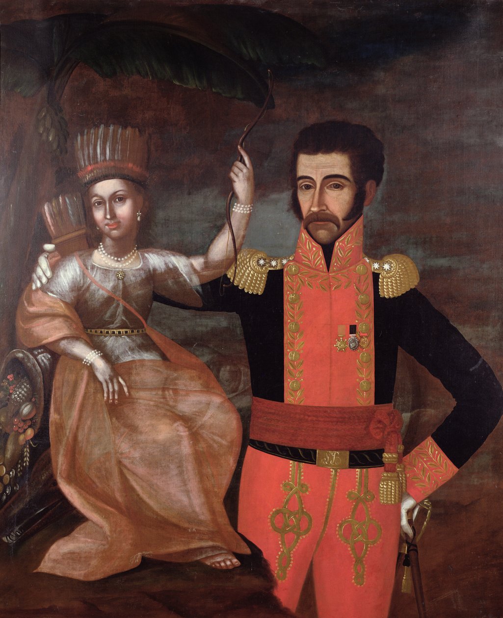 Simon Bolivar (1783-1830) och en indiansk kvinna av Spanish School
