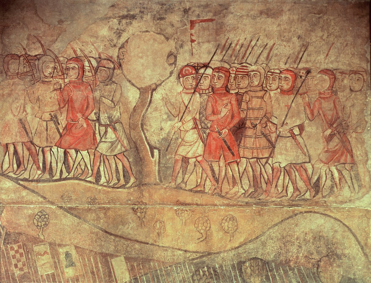Soldater från Kung James I:s armé (1208-76) en grupp fotsoldater med pilbågar och lansar, detalj från en väggmålning från det tidigare Palacio Reale, Barcelona (väggmålning) av Spanish School