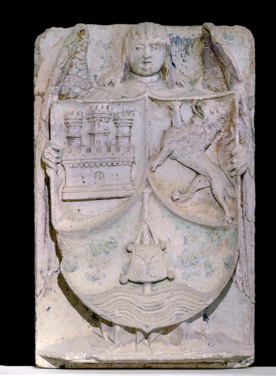Spansk lapp från 1300-talet: Kastiliens och Leons vapensköld, pinnen av pelerin evoque Saint Jacques de Compostela, bevarad i cistercienserklostret Fontenay, Bourgogne (Kastiliens och Leons vapen, Spanien av Spanish School