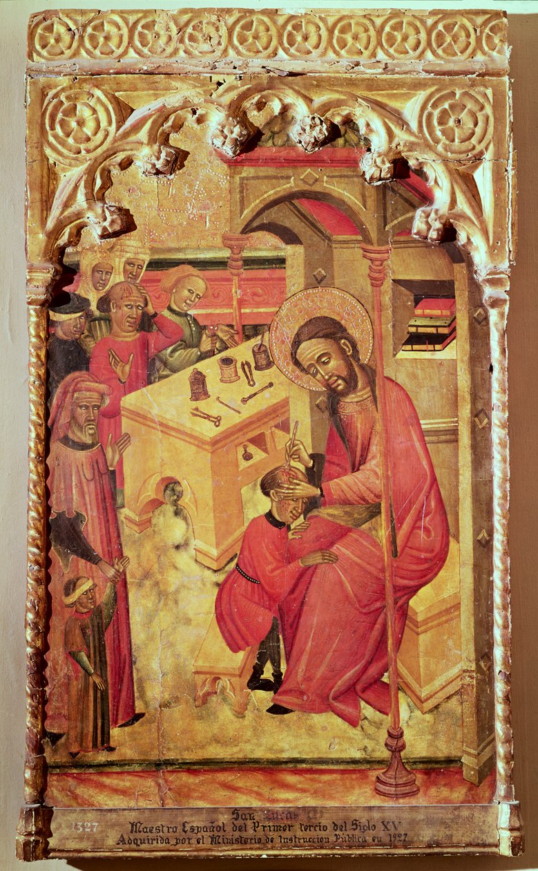 St. Luke opererar på en mans huvud, ca 1400-30 av Spanish School