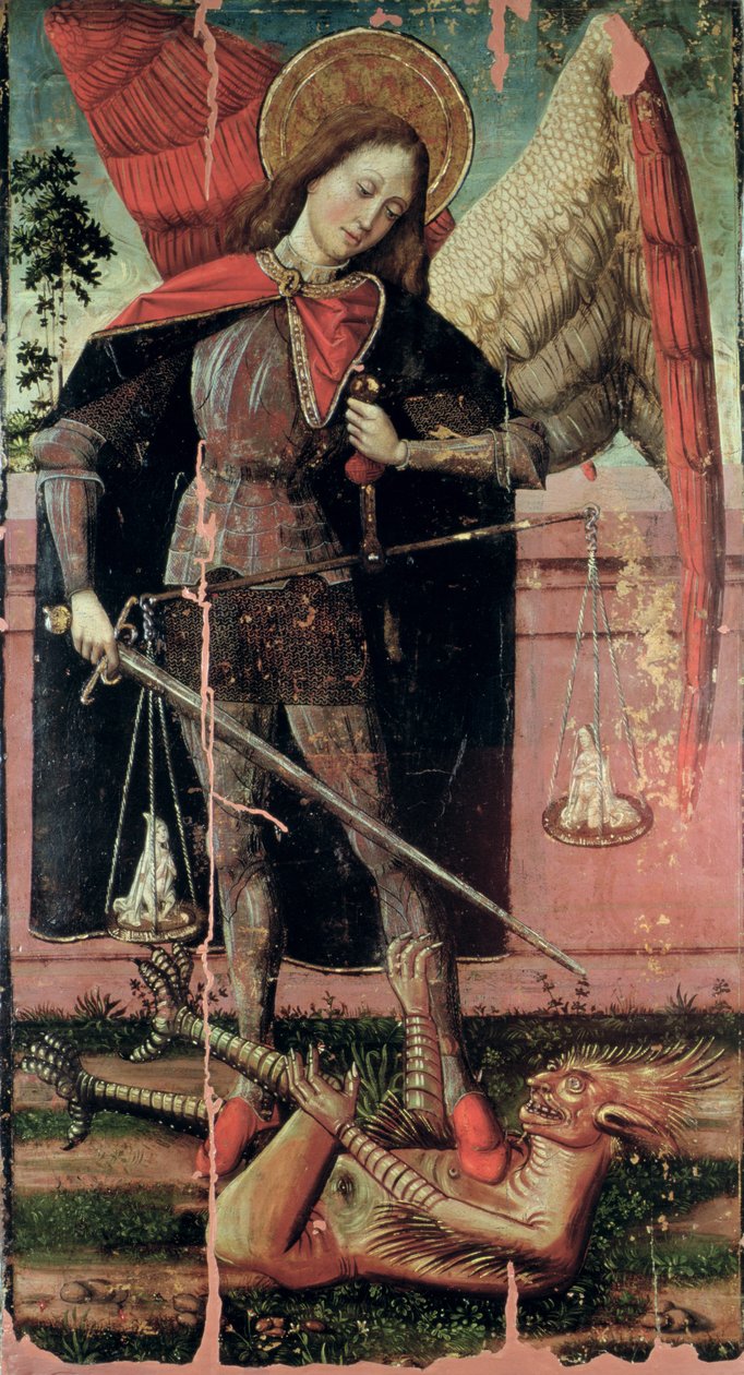 St. Michael Weighing Souls (tempera på panel) av Spanish School
