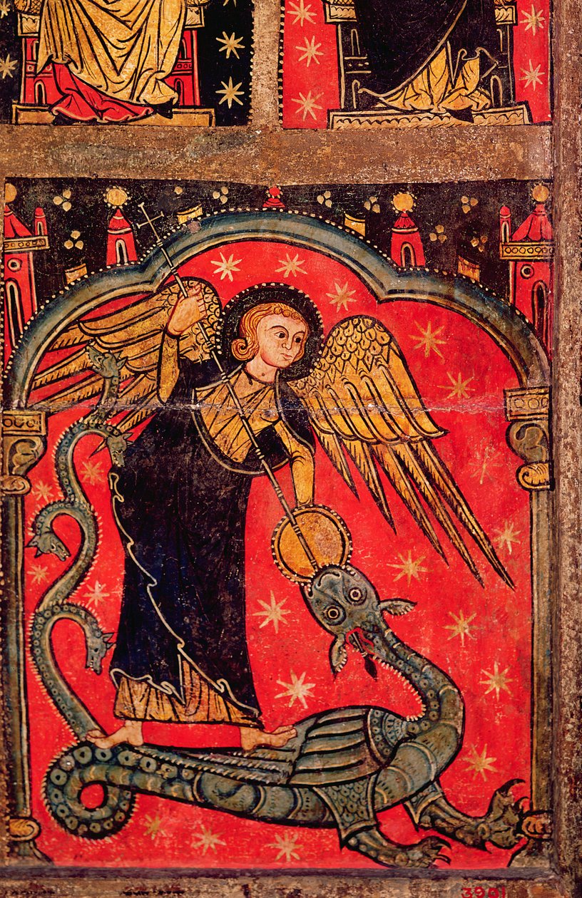 St. Michael slåss mot draken (tempera på panelen) av Spanish School