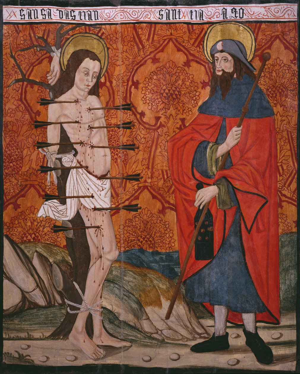 S:t Sebastian och St. Jakob den store, panel från kyrkan San Andres of Tortura, sent 1400-tal-tidigt 1500-tal (målat trä) (se även 345849) av Spanish School