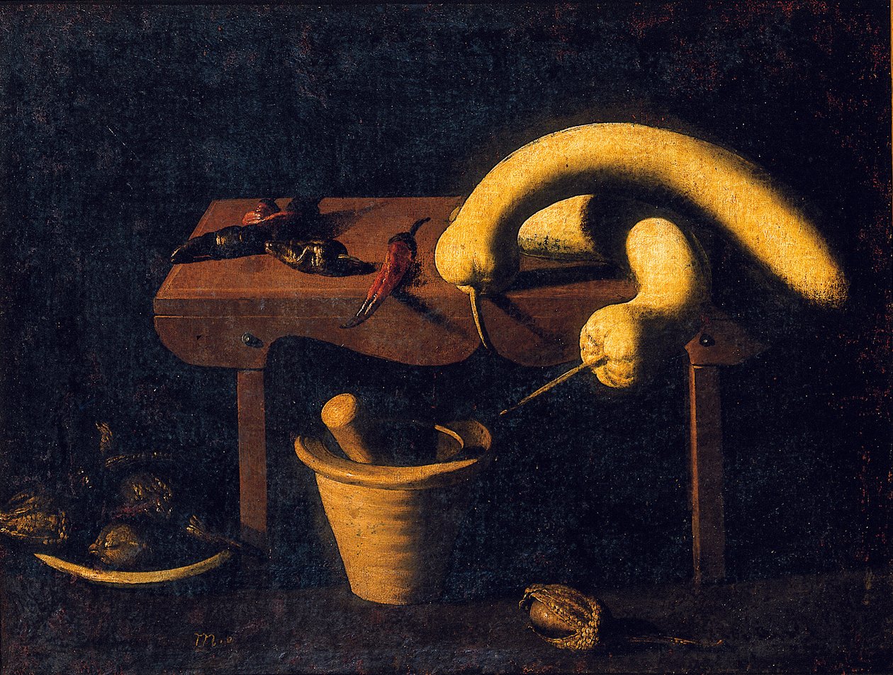 Stilleben med paprika och pumpor på en bänk med mortel och mortelstöt och döda fåglar, ca 1620 (olja på duk) av Spanish School