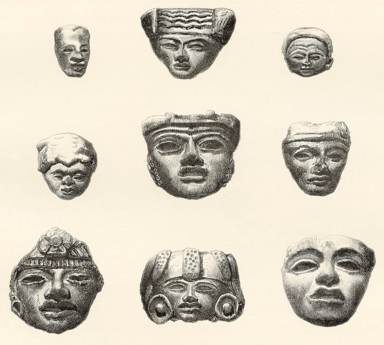 Stenhuvuden och masker hittades i Teotihuacan, Mexiko av Desiré Charnay under hans expedition 18801883 av Spanish School