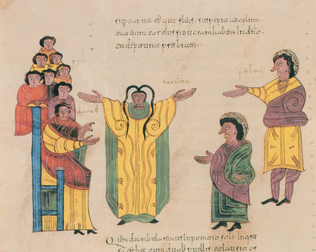 Susanna and the Elders, från St. Isidores visigotisk-mozarabiska bibel, fol.324v., A.D. 960 (tempera på vellum) av Spanish School