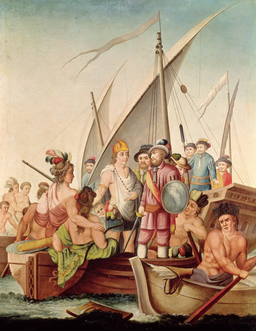 Hernando Cortes (1485-1547) ankomst till Mexiko av Spanish School