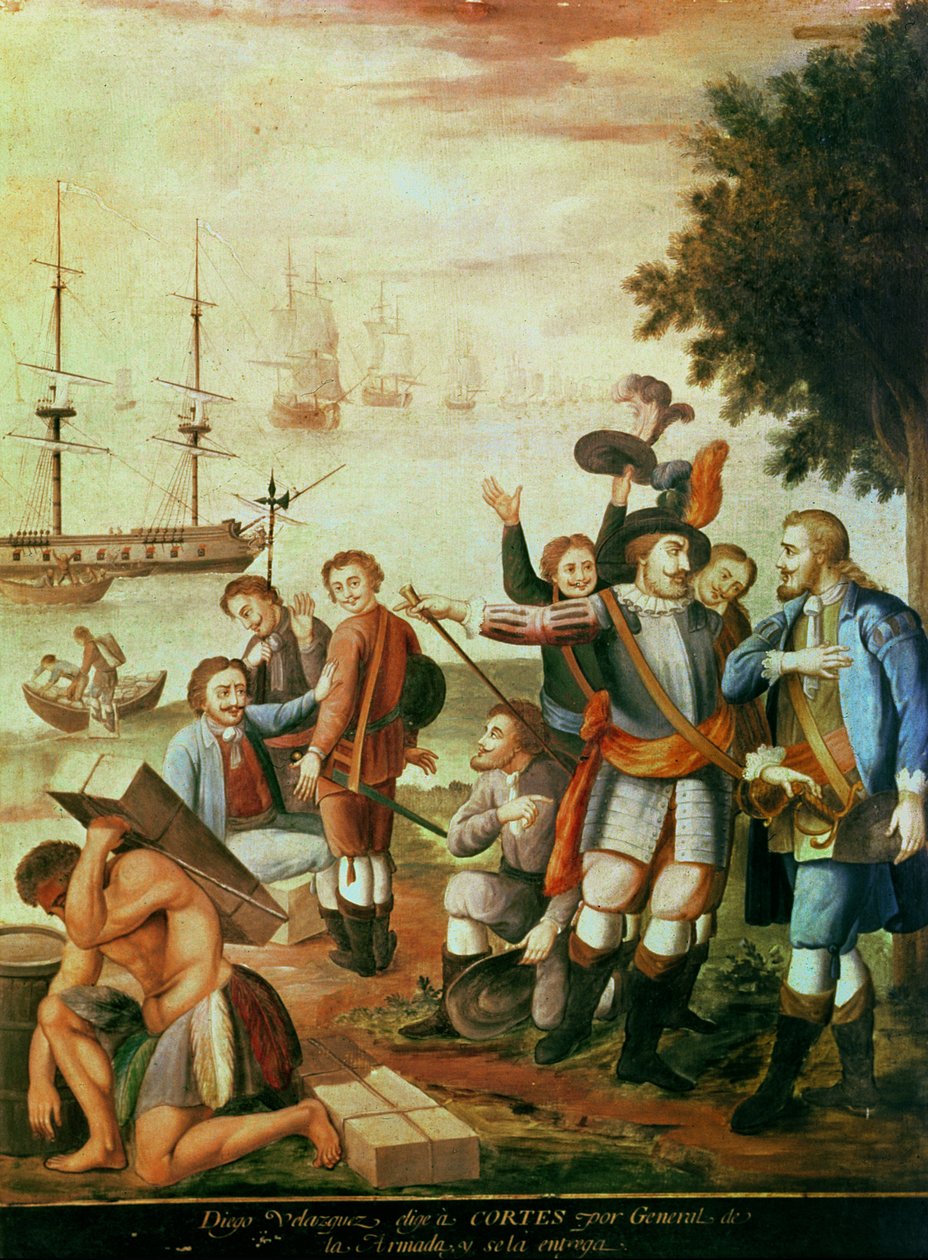 Erövringen av Mexiko: Diego Velasquez de Cuellar (1465-1524) väljer Hernando Cortes (1485-1547) som general för Armada och ger honom kommandot (olja på duk) av Spanish School
