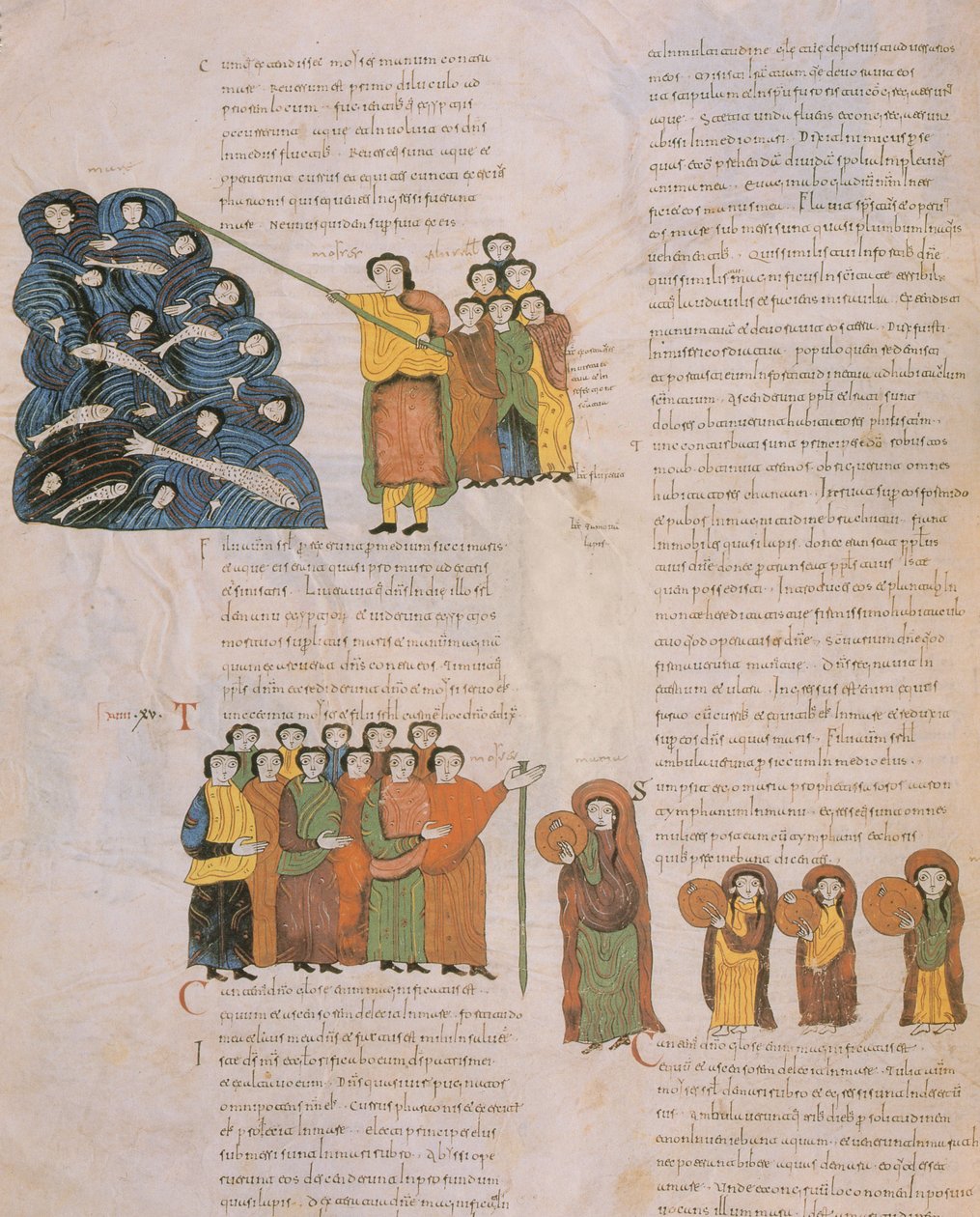 Korsningen av Röda havet och de hebreiska kvinnornas dans till ljudet av Moses och hans ackompanjatörers tamburiner, från St. Isidores visigotisk-mozarabiska bibel, fol.39., A.D. 960 (tem av Spanish School