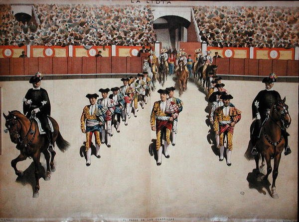 The Entry of the Toreadors with their Quadrille in to the Arena, c.1885 (color litho) av Spanish School