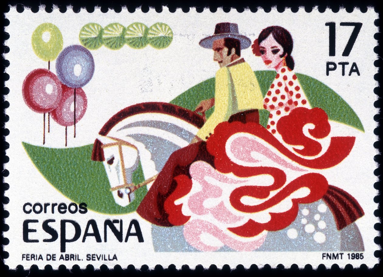 The Feria of Sevilla: par i folkdräkt till häst - spansk frimärke av Spanish School