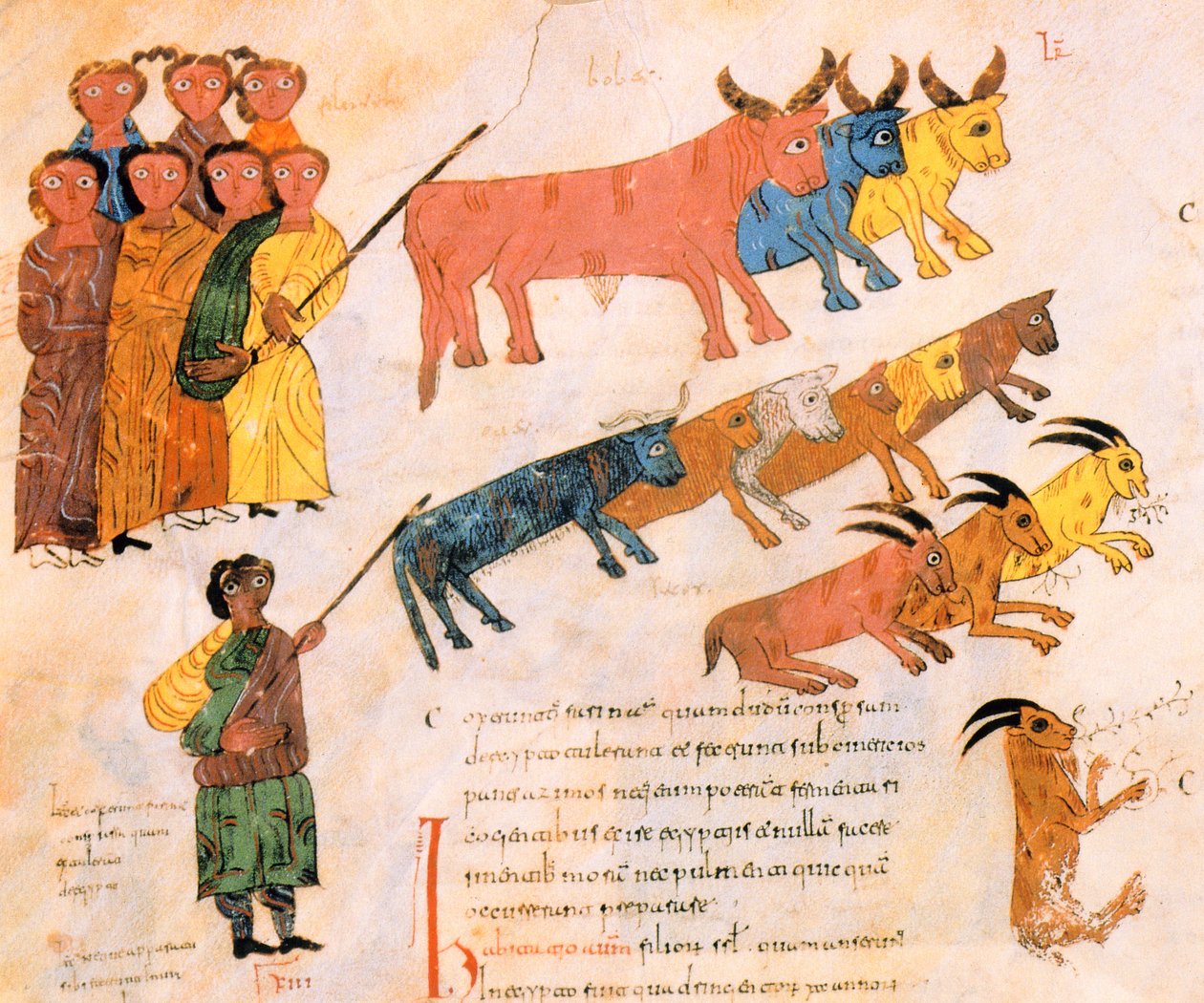 Det hebreiska folket lämnar Egypten med sin boskap, från den visigotisk-mozarabiska bibeln från St. Isidores, fol.38v., A.D. 960 (tempera på vellum) av Spanish School