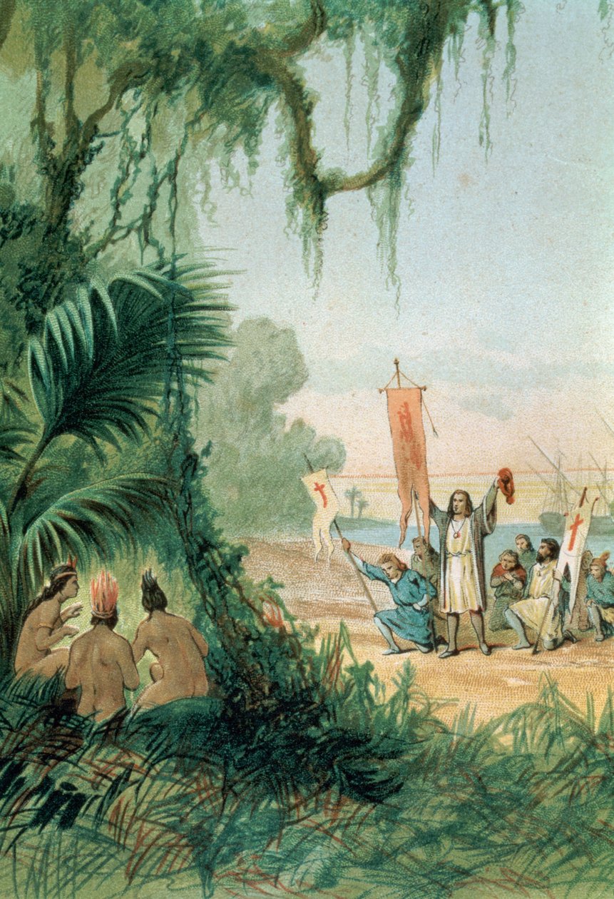 Christopher Columbus (1451-1506) landning på ön San Salvador den 12 oktober 1492, från "The Discovery of America", pub. Barcelona av Spanish School