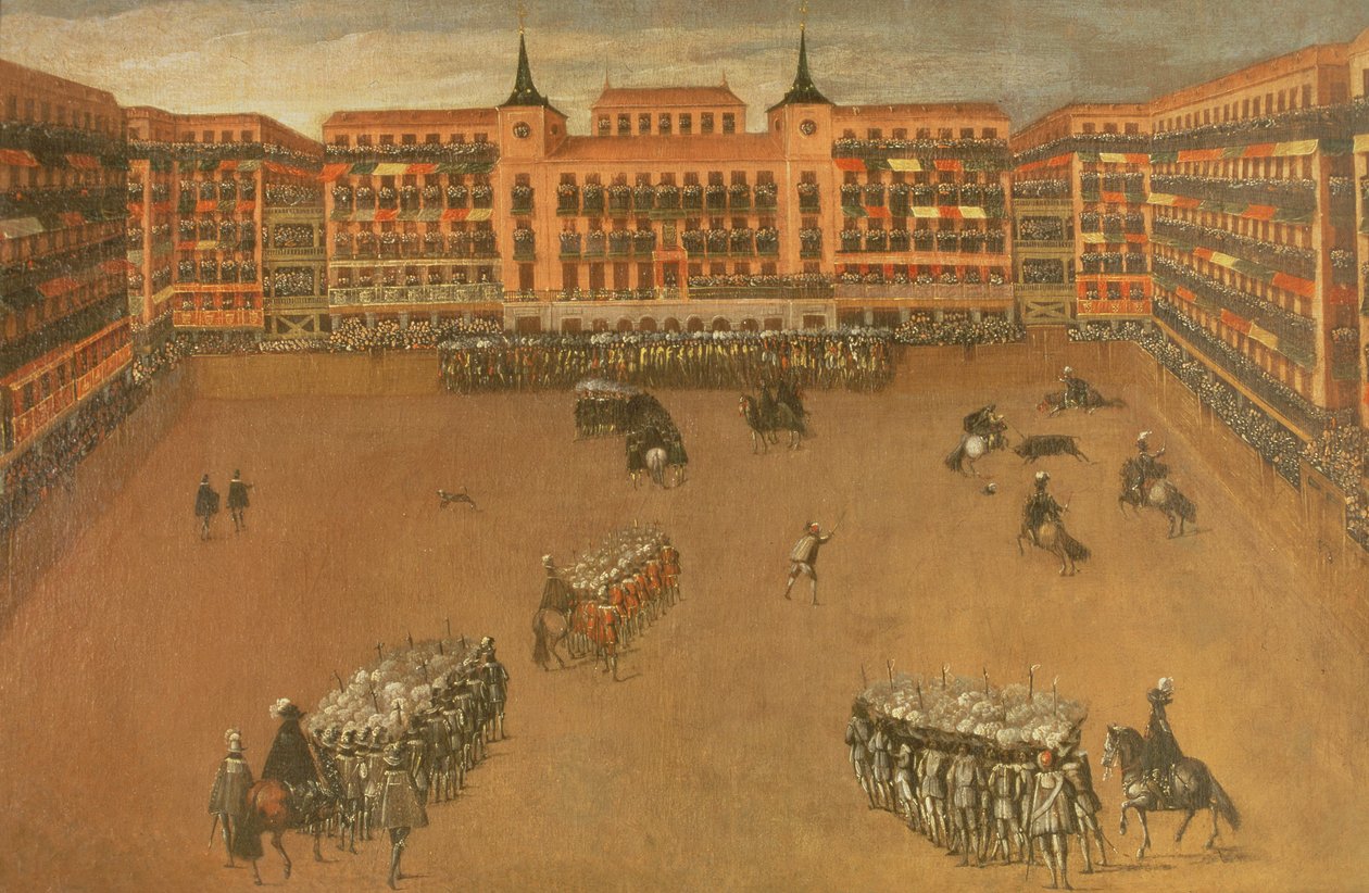 Stora torget i Madrid under festivalen för den stora tjuren av Spanish School