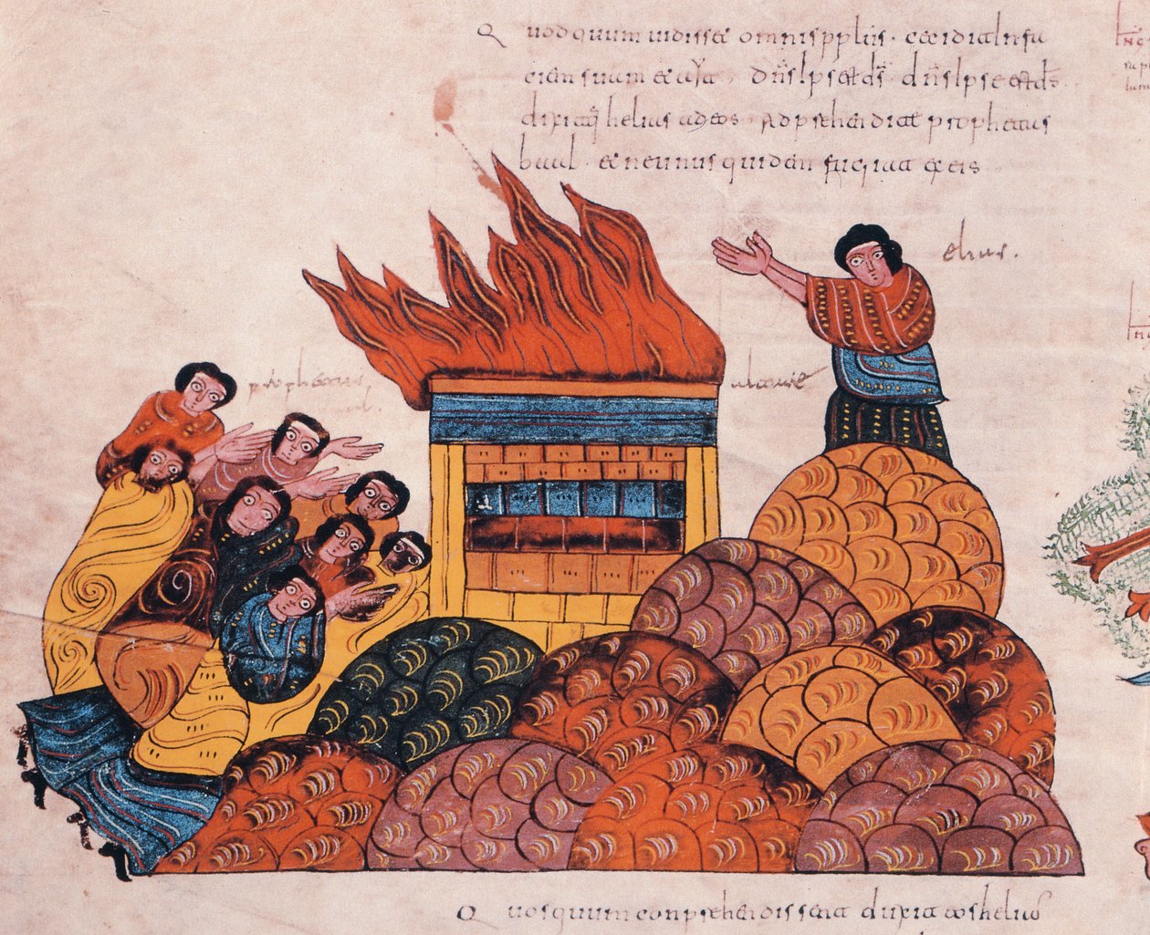 Profeten Elias ber på berget Karmel för att Israels Gud ska få rättfärdighet inför Baals präster och eld faller från himlen (I Kungaboken 18), fol.145v., från den visigotisk-mozarabiska bibeln från St. av Spanish School