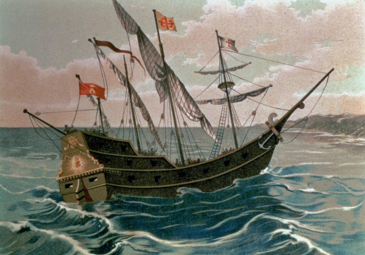 Santa Maria som närmar sig den nya världens kust 1492, från "The Discovery of America", pub. Barcelona av Spanish School