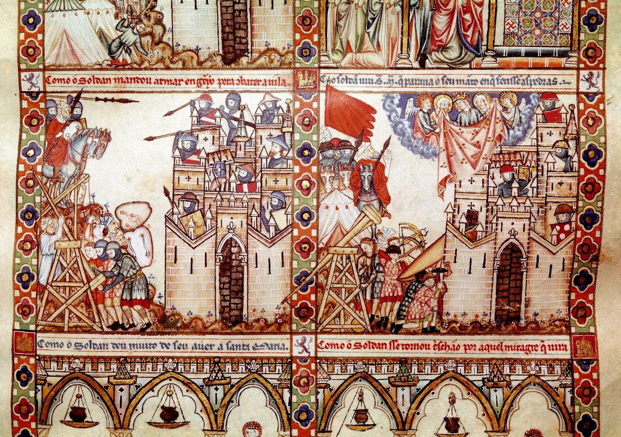 Saracenerna belägrade en kristen stad. Detalj från en sida hämtad från ett manuskript av Sankta Marias sång (Cantigas de Santa Maria), dekorerade miniatyrer tillägnade Sankta Maria och hennes mirakel, en samling sånger återupprättade under Alfons rege. av Spanish School