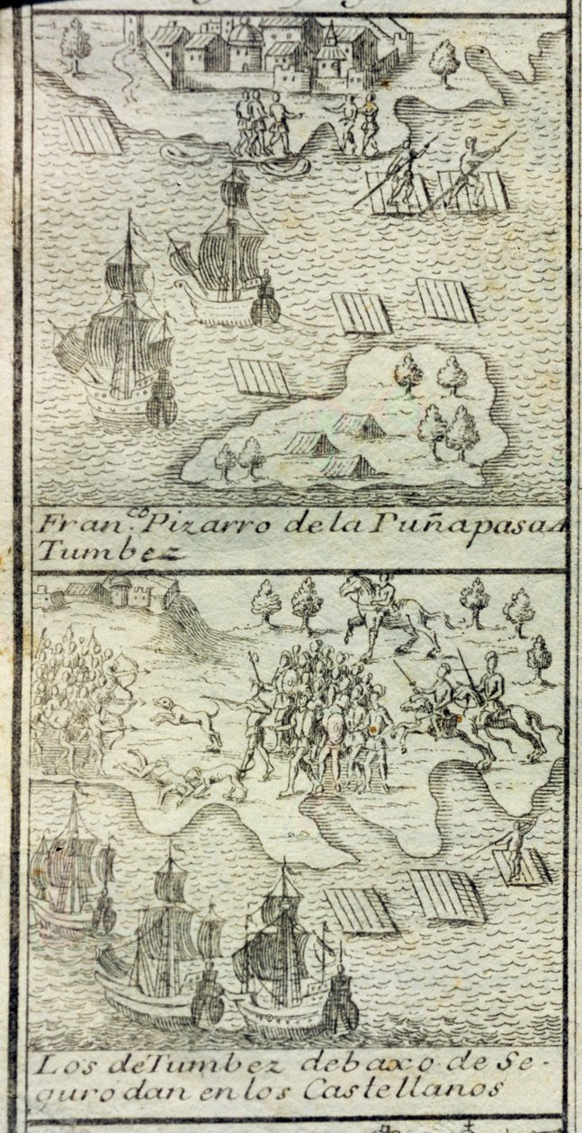 Francisco Pizarros ankomst med 180 man och tre fartyg till Tumbes av Spanish School