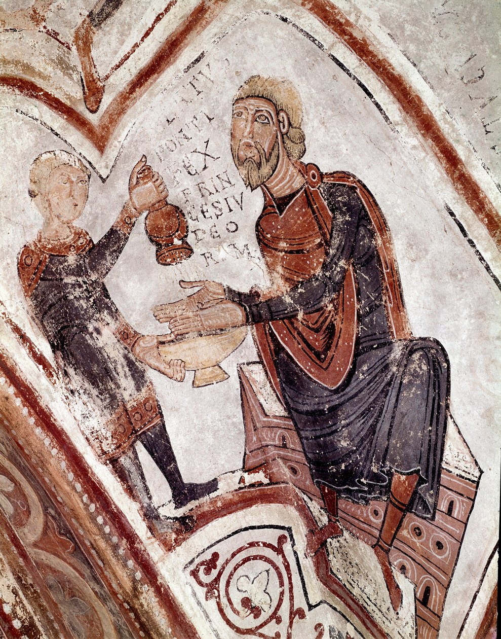 Månadernas cykel: Pontius Pilatus tvättar sina händer. Detalj av en fresk från 1100-talet från Royal Pantheon of the Real Colegiata of San Isidoro (Royal Collegiale of Saint Isidore). Leon. Spanien av Spanish School