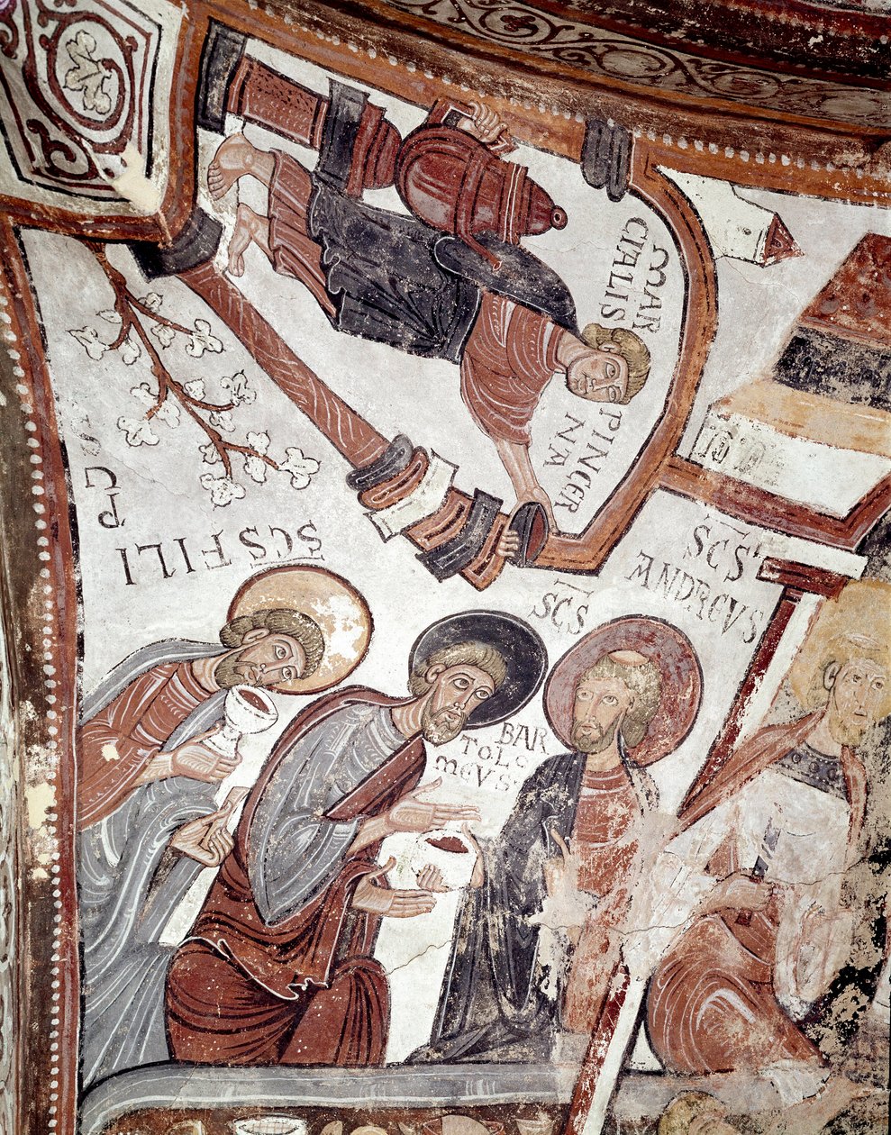 Månadernas cykel: en tjänare erbjuder en drink till apostlarna (Saint Andre, Saint Barthelemy och Saint Philip). Detalj av en fresk från 1100-talet från Royal Pantheon of the Real Colegiata of San Isidoro (Royal Collegiale of Saint Isidore). Leon. Spai av Spanish School