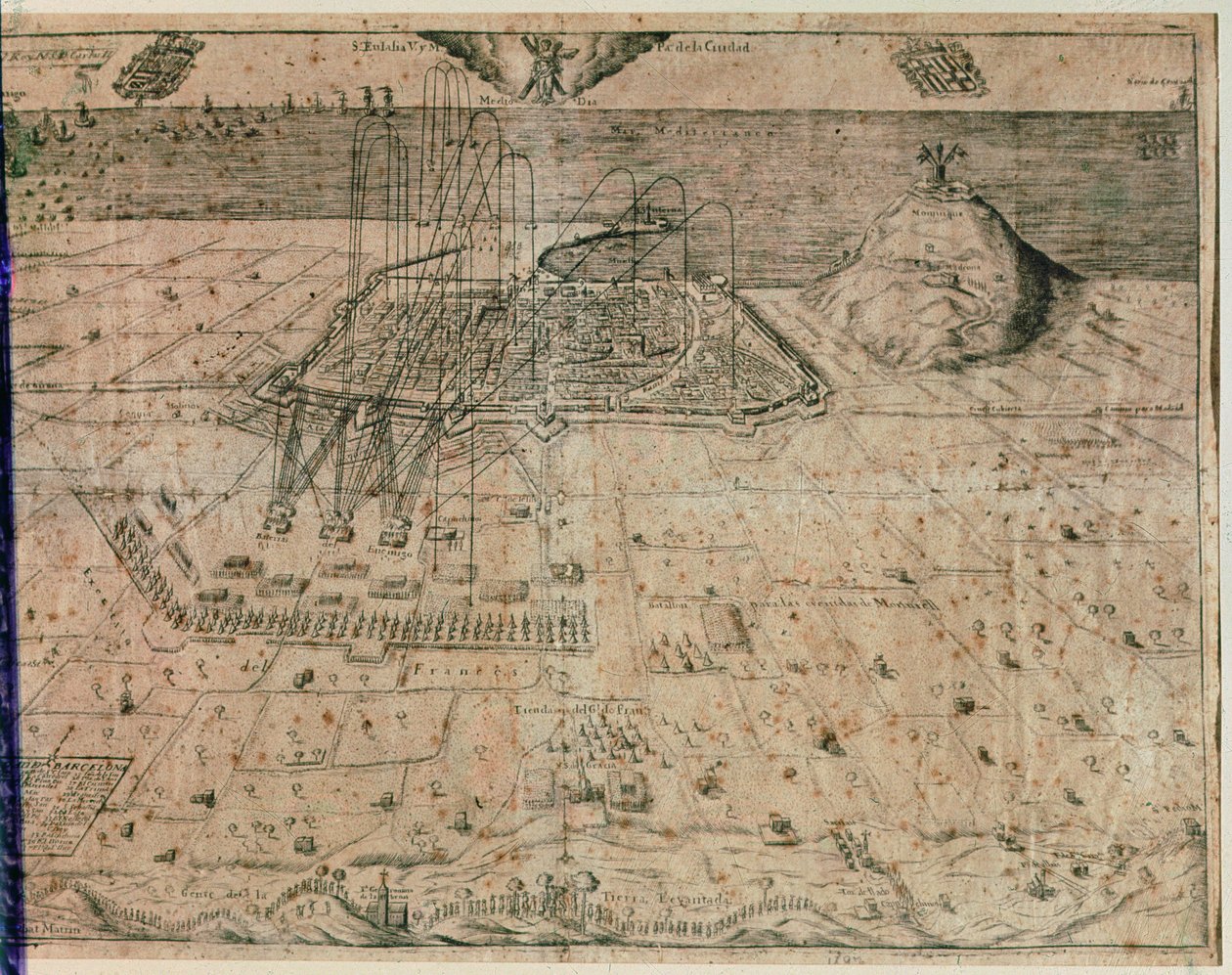 Belägringen av staden Barcelona av kung Filip IV:s trupper under skördemakarnas krig 1640-52 (gravyr) av Spanish School