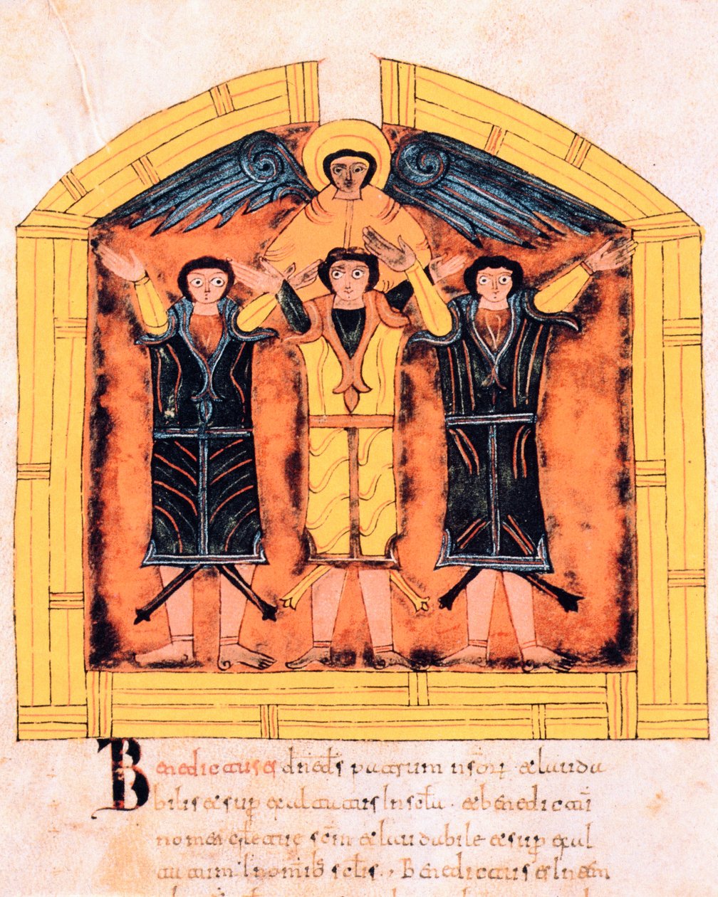 De tre hebréerna, Sadrak, Mesak och Abed-Nego, gjutna i ugnen av Nebukadnessar, fol.318v, från den visigotisk-mosarabiska bibeln från St. Isidore
