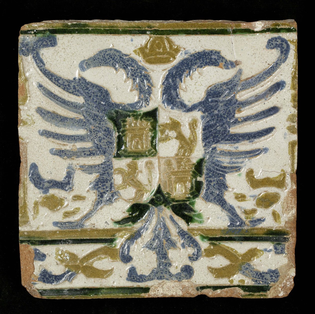 Kakel med armarna från Leon och Kastilien, 1525 (lergods) av Spanish School