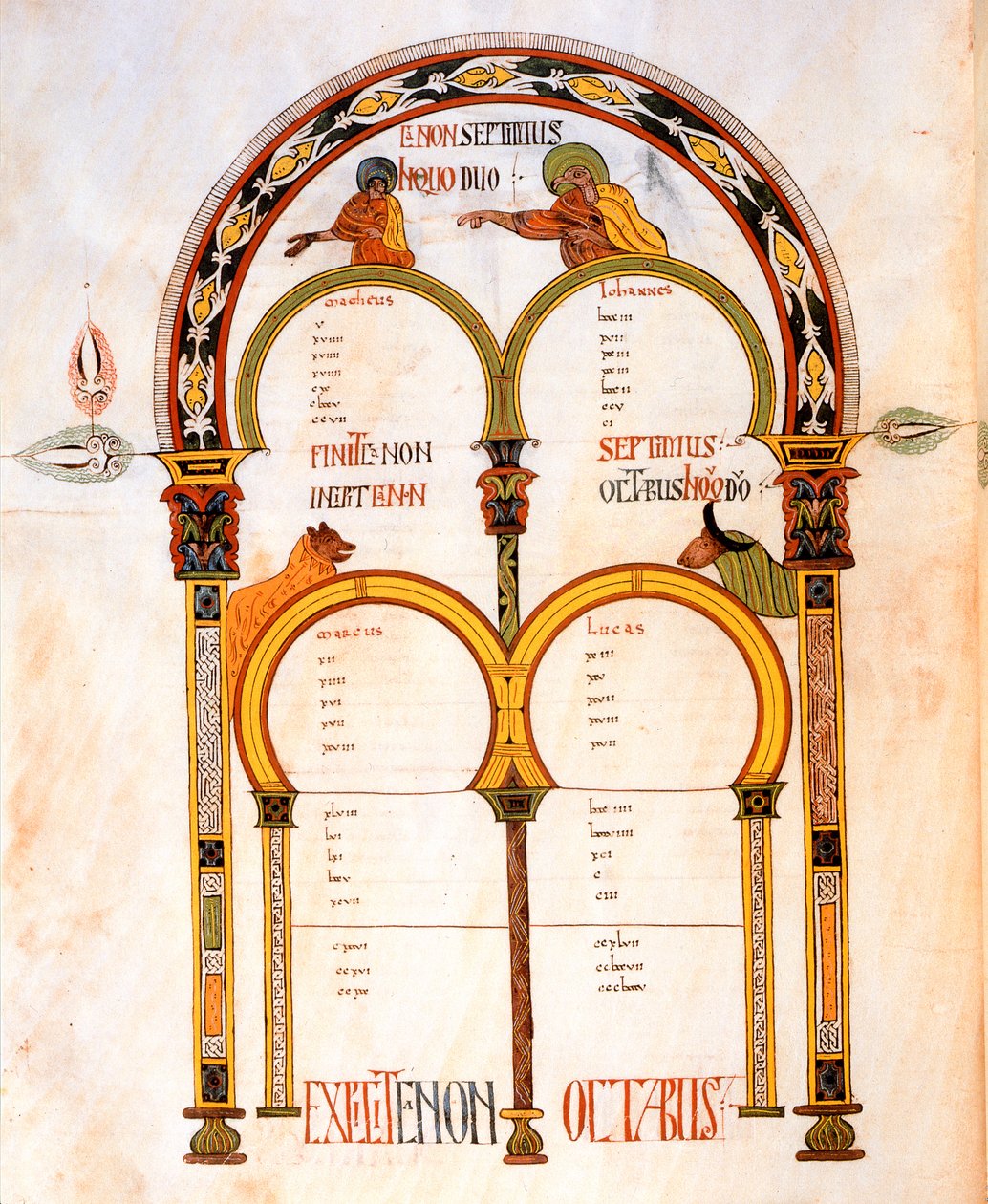Titelsida för evangelierna om Matteus, Markus, Lukas och Johannes, från St. Isidores visigotisk-mozarabiska bibel, fol.402v., 960 e.Kr. (tempera på vellum) av Spanish School
