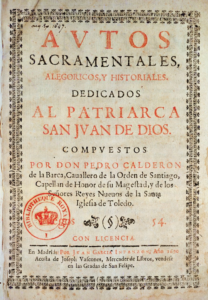 Titelsida från Los Autos Sacramentales av Pedro Calderon de la Barca (1600-81) redigerad av Juan Garcia Infanzon, 1690 (tryckt papper) av Spanish School