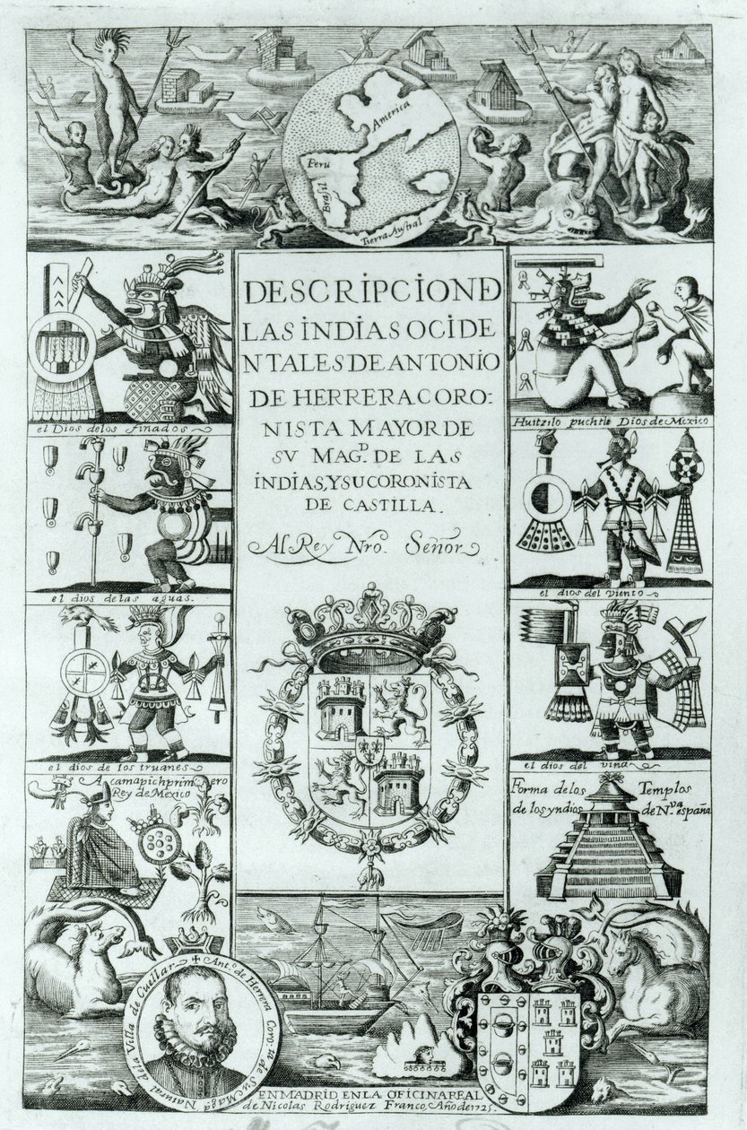Titelsidan för Beskrivning av Västindien av Antonio de Herrera y Tordesillas, Madrid-upplagan, 1725 av Spanish School
