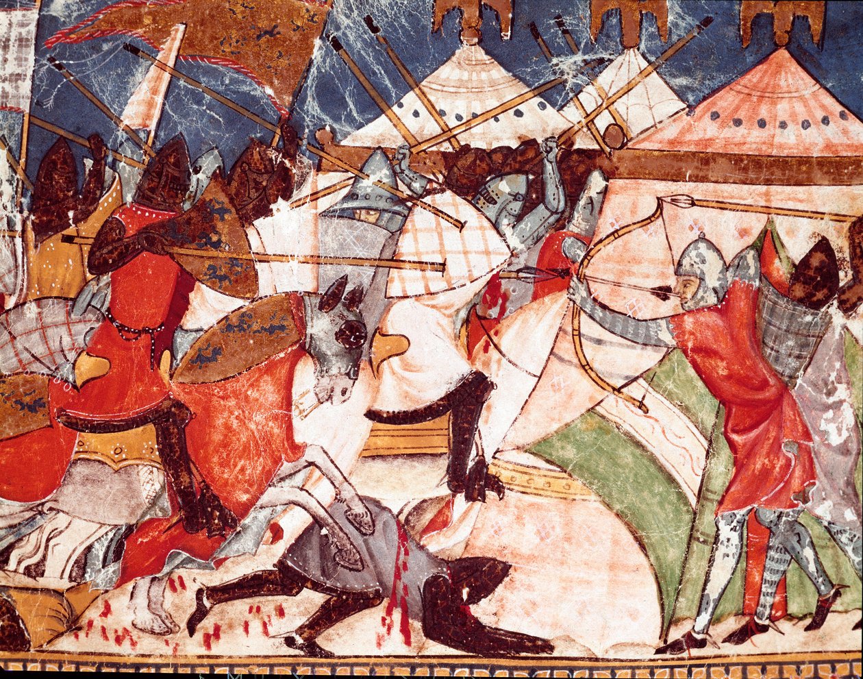 Trojankrig: Trojaner invaderar det militära lägret för grekiska krigare. Detalj av en miniatyr från det spanska manuskriptet "Codex Benito de Santa Mora"" av Spanish School