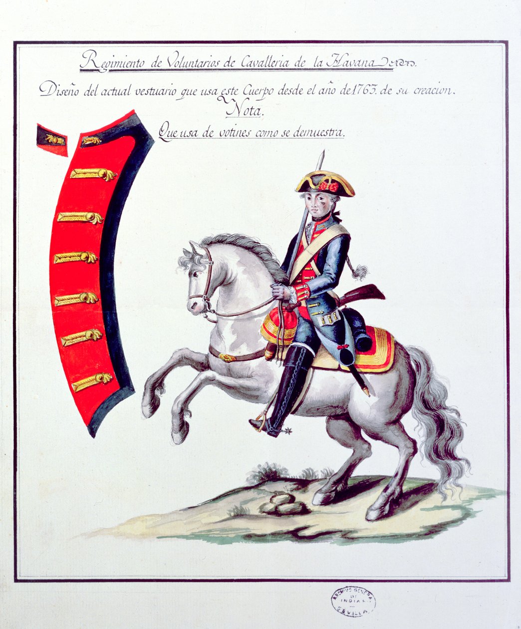 Uniform för de frivilliga vid Havannas kavalleriregemente, 1763 (tryck) av Spanish School
