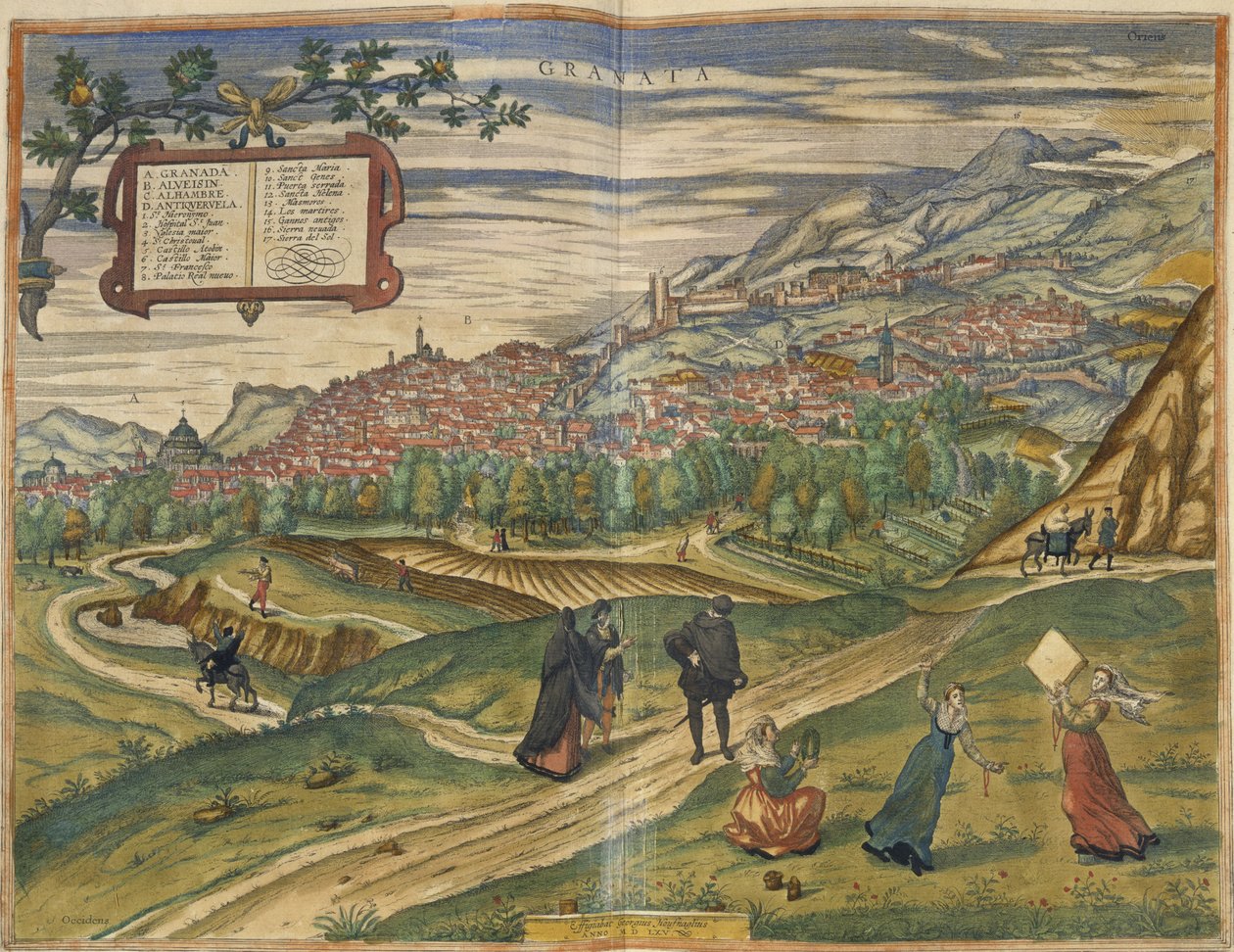 Utsikt över Granada (handfärgad gravyr) av Spanish School