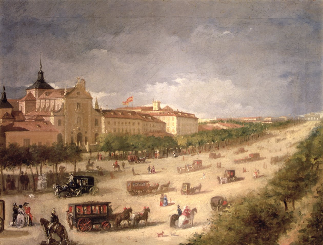 Utsikt över Calle de Alcala, Madrid (olja på duk) av Spanish School