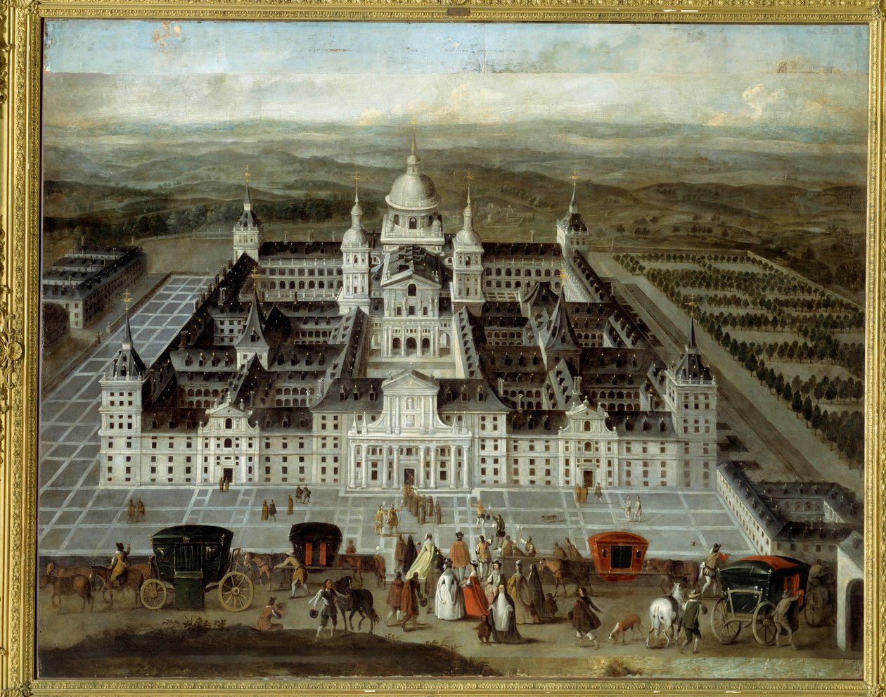 Utsikt över Escorial Palace i Spanien byggt av Filip II på 1500-talet. Anonym spansk målning från 1600-talet. Olja på duk. Mått: 1,89 x 2,41 m. av Spanish School