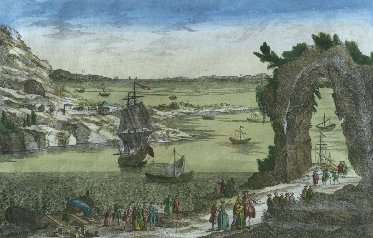 Utsikt över den franska landningen för att etablera den nya kolonin i hamnen i New Cayenne, Franska Guyana, 1762 av Spanish School