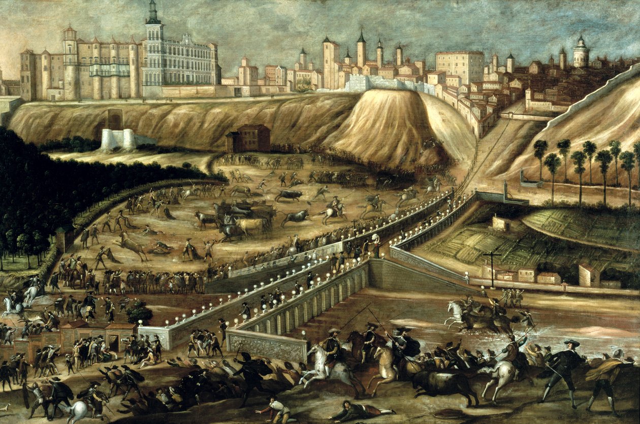 Utsikt över det kungliga palatset och bron över Segovia, Madrid av Spanish School