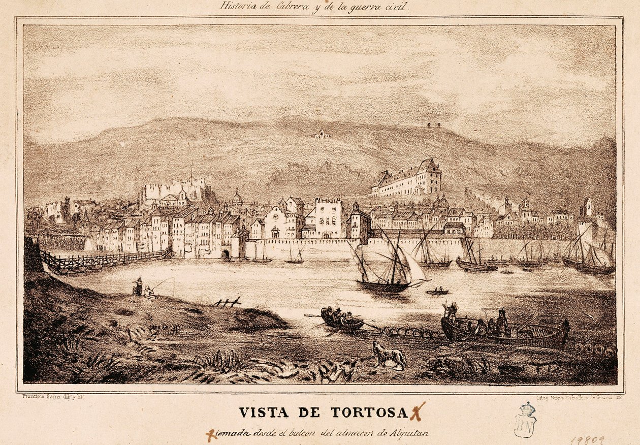 Utsikt över staden Tortosa i Spanien, i "Historien om Cabrera och inbördeskriget" av Damaso Calbo och Rochina de Castro av Spanish School