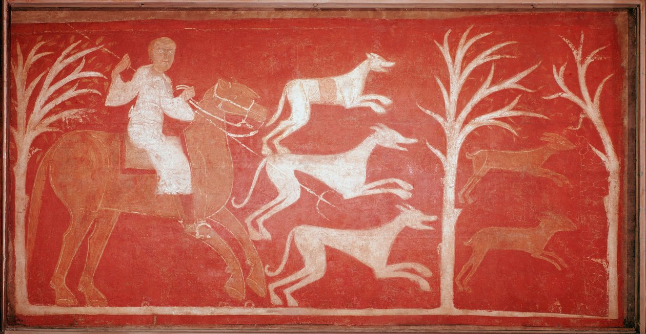 jaktscen som visar hundar som springer efter match. 1150. Fresk från eremitaget Baudelio de Berlanga, Soria. Bevara på Pradomuseet. av Spanish School