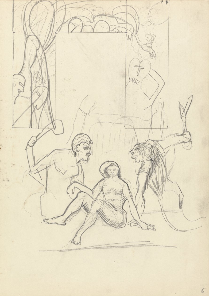 Design för en dekorativ dörröppning: Primitiva människor, för gyllene kalvens grotta (grafit) (se 265070 för tergo) av Spencer Frederick Gore