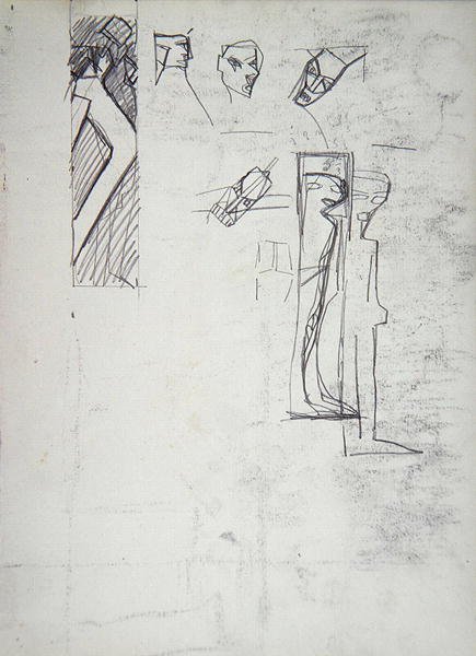 Studie för en dekorativ panel: geometriska figurer, för gyllene kalvens grotta (grafit) (se 265079 för recto) av Spencer Frederick Gore
