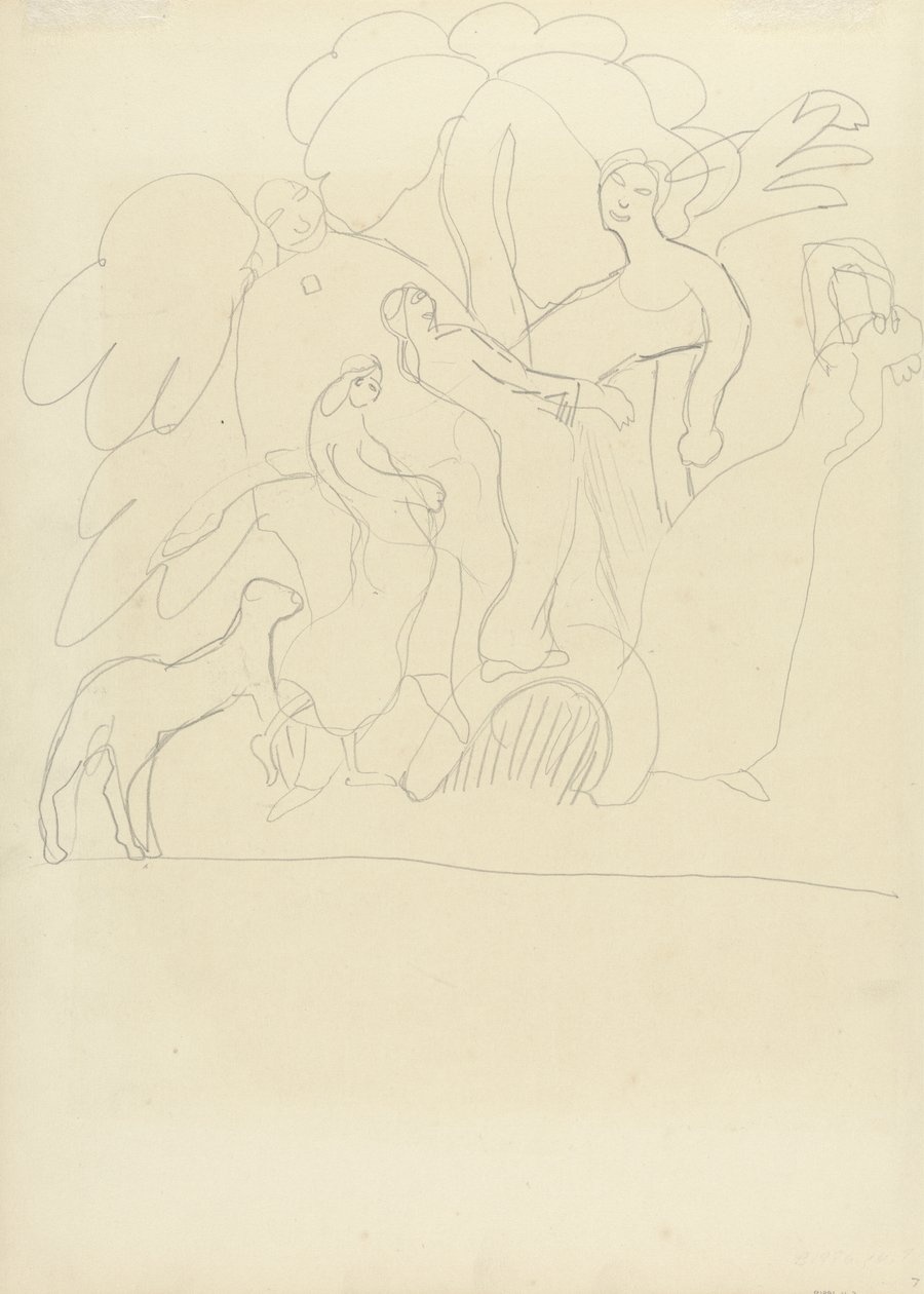 Studie av dyrkare och dansare med kalv, för gyllene kalvens grotta (grafit) (se 265073 för tergo) av Spencer Frederick Gore