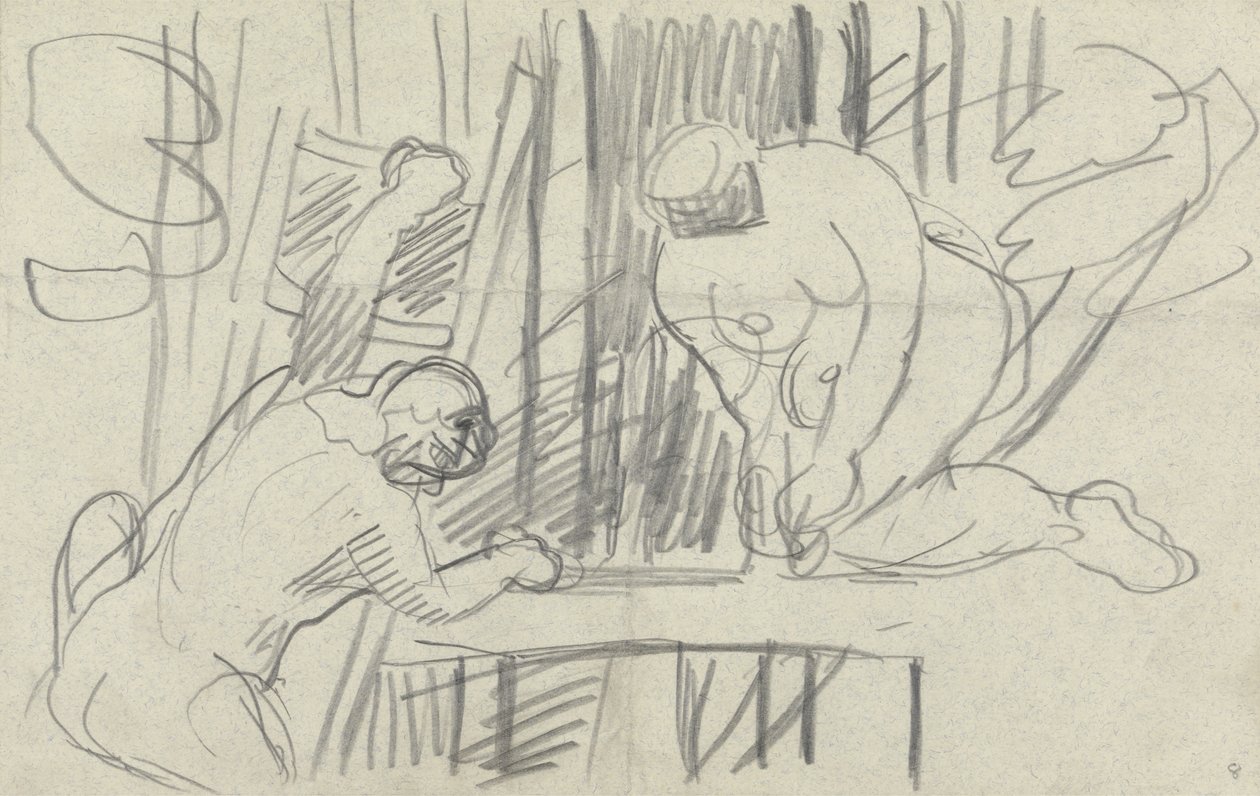 Studie av ett trädhus med primitiva människor, för gyllene kalvens grotta (grafit) (se 265076 för tergo) av Spencer Frederick Gore