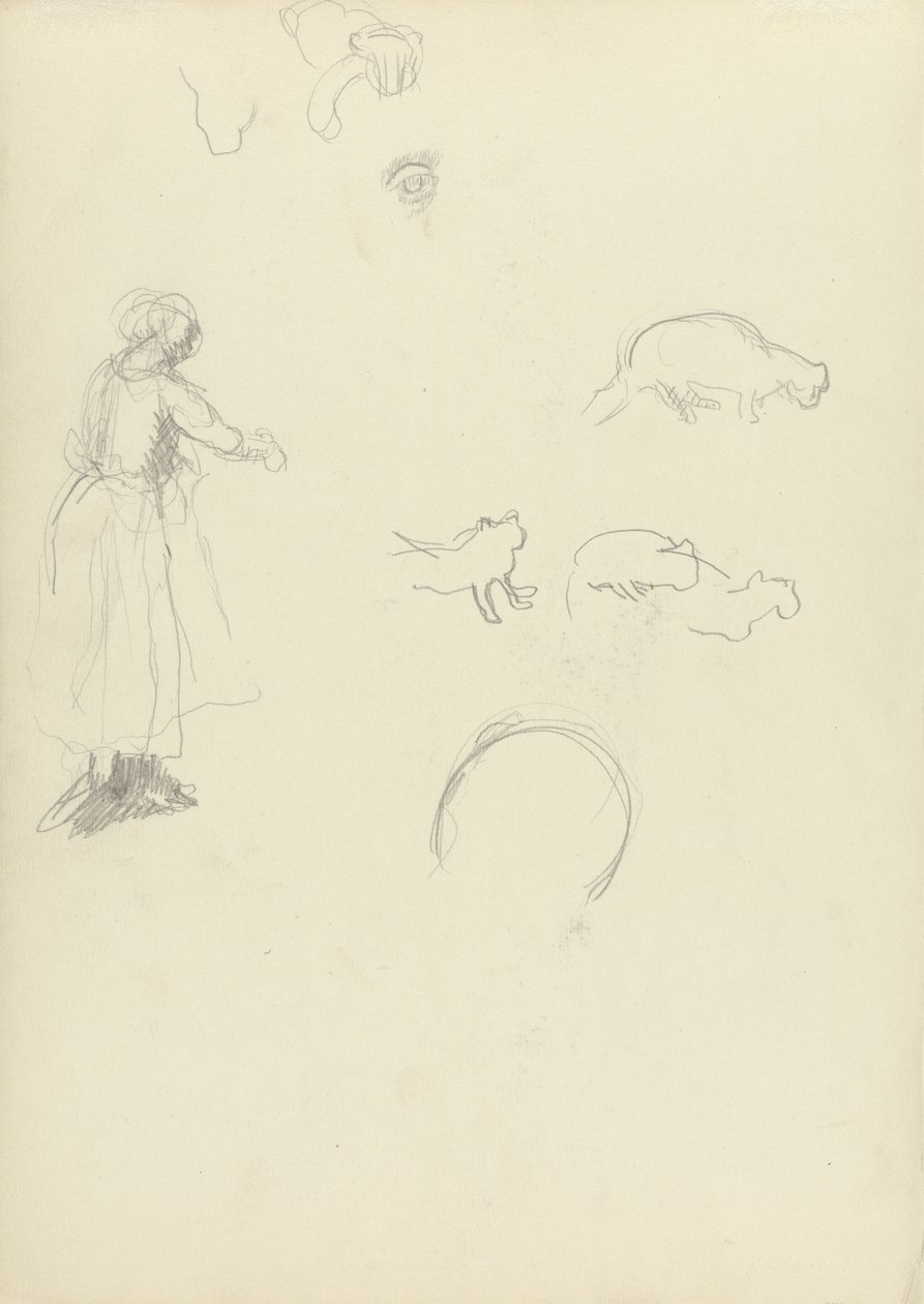 Studie av en kvinna och katter, för gyllene kalvens grotta (grafit) (se 265062 för recto) av Spencer Frederick Gore