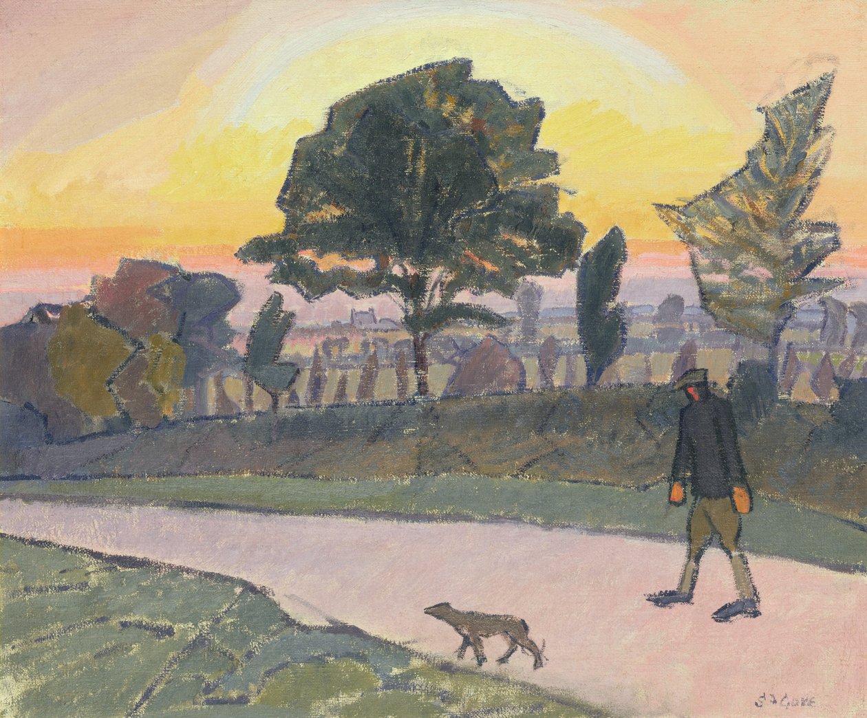 Sunset, Letchworth, med man och hund, 1912 av Spencer Frederick Gore
