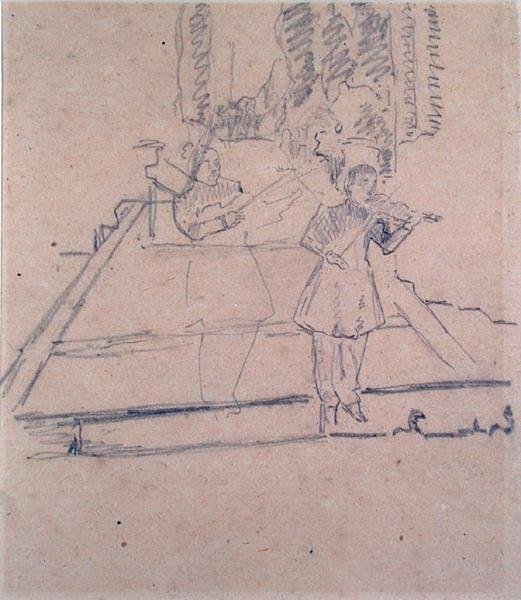 The Musicians at the Footlights, ca 1910 (penna på buff papper) av Spencer Frederick Gore