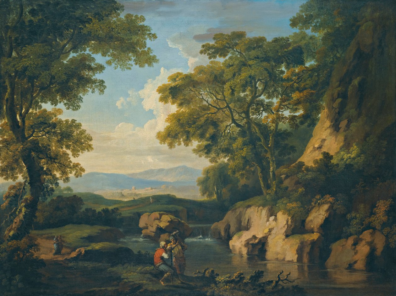 Ett bergigt skogbevuxet landskap med figurer vid en flod i förgrunden av George the Elder Barret