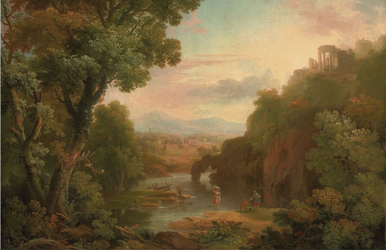 Ett klassiskt landskap med fiskare och en tvätterska, en villa på en kulle och berg i bakgrunden av Sr. George Barret
